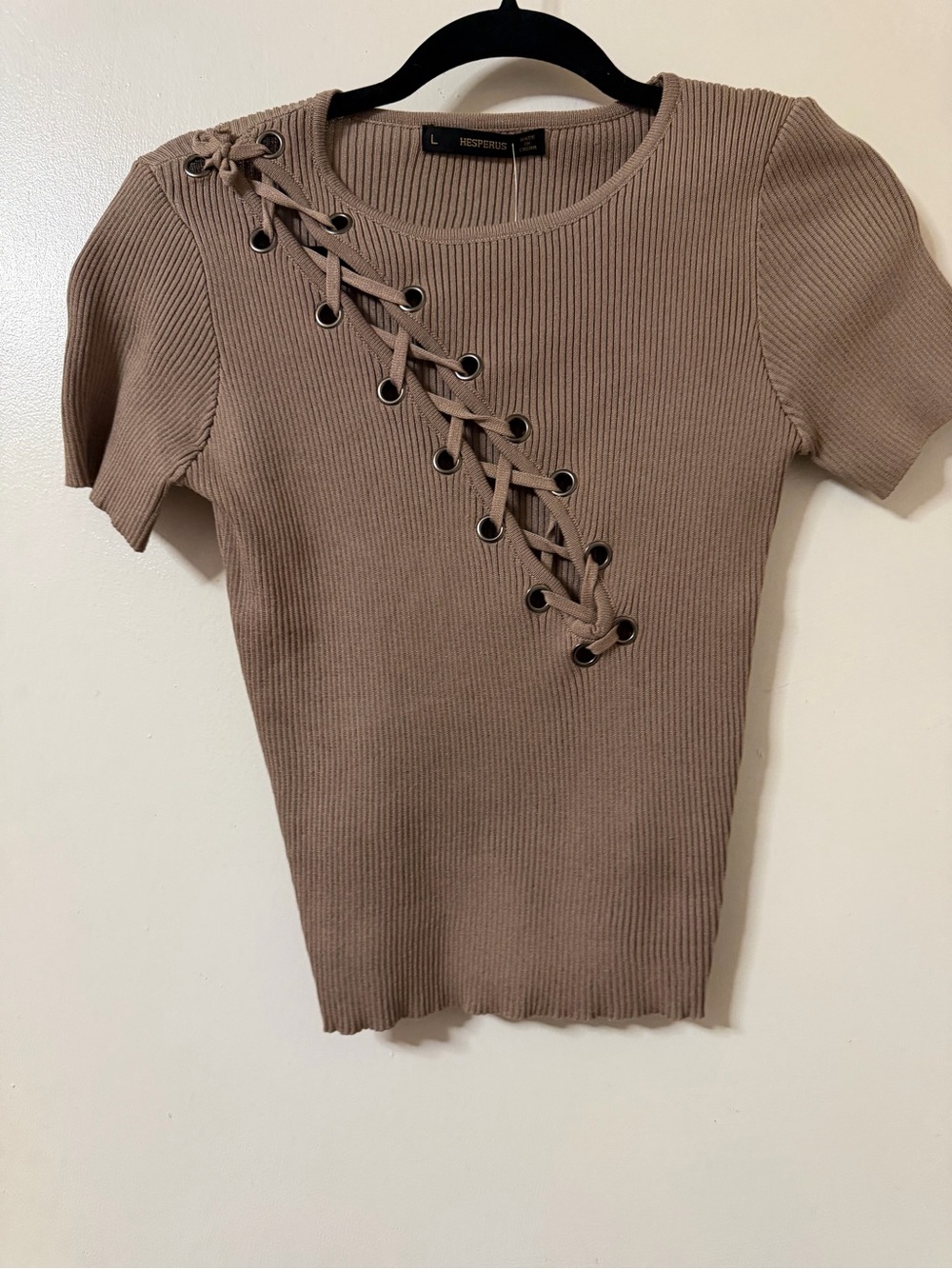 Lace-Up Ribbed Short Sleeve Top in Taupe by Hesperus